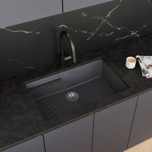 Evier Cuisine en Granit - Graphite Siphon 1 bac Coral Low Level Accessoire &Eacute;vier au meble 80 STONESTYLE #5763