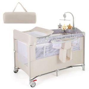 GOPLUS Lit Pliant Bébé 0-3 ans 5-en-1 avec Table à Langer/2 Roues Verrouillables/Parc/Boîte à Musique/Jouets-Charge 15KG Beige
