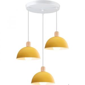 iDEGU 3 Lampes Suspension Luminaire Moderne 20cm Lustre Suspension R&eacute;tro Style Scandinave Plafonnier Abat-jour en Bois M&eacute;talJaune