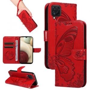 Papillons Housse Pour Samsung Galaxy A12 5G Etui Portefeuille Antichoc Housse avec Porte-Cartes Fonction de Support Rouge
