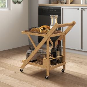 Desserte de cuisine en bambou chariot de service pliable 2 plateaux 4 roues 3 casiers &agrave; vin 66 x 40 x 70 cm bois naturel