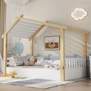 Lit superposé cabane 90 x 190 cm Lit de sol avec toit Cadre de lit simple avec sommier à lattesPin et MDF Naturel(sans
