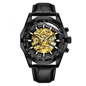 Montre homme automatique m&eacute;canique mode cool cadran squelette bracelet en cuir &eacute;tancheb noire classique