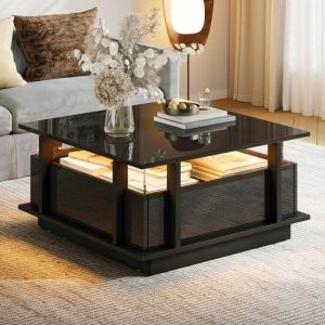 Table basse carr&eacute;e 70x70x35 cm en panneaux de particules noir brillant avec 2 tiroirs cloisons acrylique et &eacute;clairage LED - noir