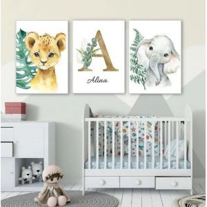 Affiche sur toile déléphant danimaux de jungle impressions dart de nom personnalisé décor chambre denfants 30x40cm Sans Cadre