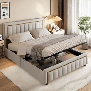 Lit Capitonn&eacute; 160x200 Lit Coffre avec Rangement Lit en Velours Lit Rembourr&eacute; au Design Moderne Adultes Double Beige Blanc