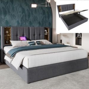 Lit double 160x200cm avec chargement sans fil USB Clit adulte cadre de lit avec rangements sommier à lattes en boiscoton gris