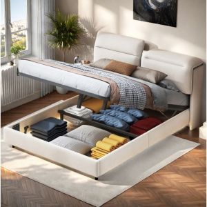 Lit coffre 160x200 cm - avec LED et coffre de rangement - tête de lit pliable - cadre de lit 160x200 cm - sommier à lattes - Beige