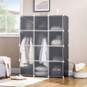 Meuble à Chaussures - Armoire à Chaussures Cubes de Rangement DIY - 12 Cases - Porte blanc - Plastique - Noir - 111x47x145 cm