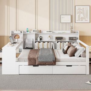 O.YE Lit combine 140x200 cm avec 2 tiroirs bureau étagères compartiments de rangement et étagères avec prises Blanc