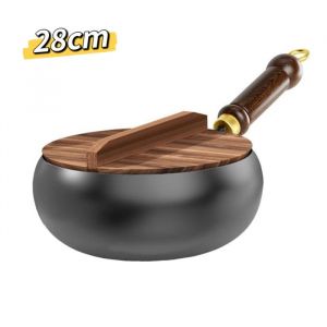 Wok en fonte Avec couvercle en bois - Wok en fonte non rev&ecirc;tu - Wok domestique en fonte - Compatible plaques &agrave; gaz &agrave; induction-28cm