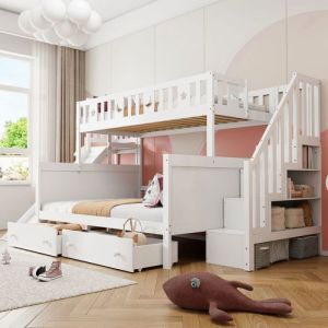 Lit enfant 90/140 &times; 200 cm lit superpos&eacute; en bois massif avec deux tiroirs toboggan &eacute;chelle et barri&egrave;re de multi LITS SUPERPOSES