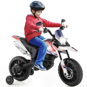 Moto &Eacute;lectrique Enfant COSTWAY Moto-cross (RX125) 12V 7AH 2 Moteur - 55 &agrave; 6 km/h Phares Klaxon Musiques USB 3 &agrave; 8 Ans Blanc