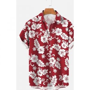 Chemise Hawaïenne Homme été Rouge Grande Taille Imprime À fleur Col revers Manches Courtes