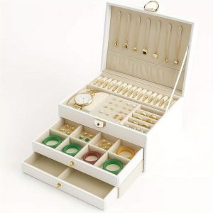 Bo&icirc;te &agrave; Bijoux - Verrouillable - 3 &Eacute;tages - Cuir Blanc - Avec Cl&eacute; et Miroir