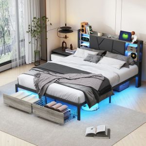 Lit double 160x200 cm lit adulte en fer avec LED et 2 tiroirs lit avec tête de lit et sommier à lattes gris