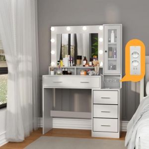 Coiffeuse Miroir et LED-HOMDOX-Coiffeuse avec Station de Charge 10 Ampoules LED à Luminosité Réglable 4