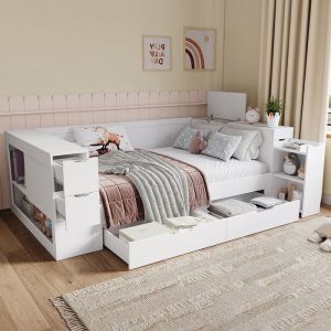 Lit enfant Lit Combine 90x200cm multifonction avec tiroirs et étagères Blanc
