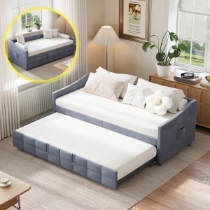 Canap&eacute; lit Convertible 2 Places 90x200cm Canape Lit Rembourr&eacute; avec Sommier &agrave; Lattes Canap&eacute;-lit gigogne Extensible Velours Gris