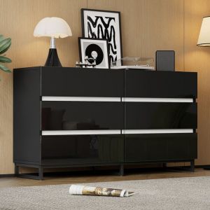 Buffet de salon - 6 tiroirs - Brillant - Pieds en m&eacute;tal - Buffet Noir - Blanc+Noir