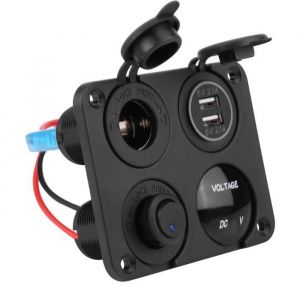 Chargeur Allume Cigare Voiture Bateau MarineChargeur USB Double Aluminium Panneau de Commutateur Voltmètre