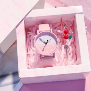 Coffret montre enfant fille + bracelet &ndash; rose mode mignon adolescent montre &eacute;tudiant cerise cadeau