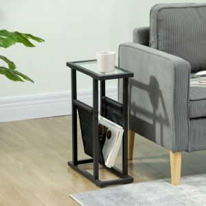 Table dappoint &eacute;troite bout de canap&eacute; en m&eacute;tal avec porte-revues et plateau en verre tremp&eacute; 40 x 18 x 555 cm noir