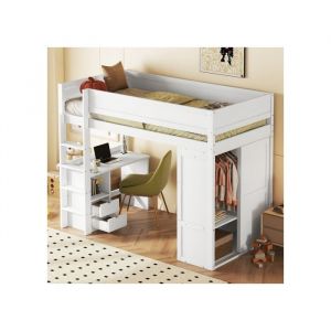 Lit enfant 90x200 cm Lit mezzanine 1 place 1 personne Lit surélevé multifonctionnel avec armoire bureau et tiroirs blanc