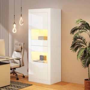 Vitrine Argentier  blanche brillante LED 1 étagère verre 61x42x162cm - Meuble haut de rangement élégant et moderne pour collection