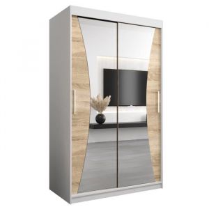 Armoire Monaco 120 Avec 2 Portes Coulissantes et Miroir - Corps Blanc Mat Fa&ccedil;ade Ch&ecirc;ne Sonoma - 62x120x200cm - ABIKSMEBLE
