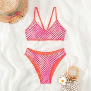 Maillot de bain Femme 2 pièces Bikini Stretch à Bretelle Col V Sans manche Natation Plage Imprimé - Orange