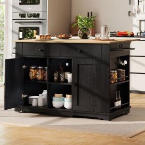 Desserte/Chariot de Cuisine à RoulettesÎlot de Cuisine avec Porte-Serviettes2 Portes 2 TiroirsArmoire Buffet avec PriseNoir