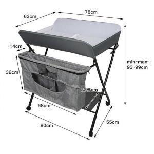Table à Langer Pliable Keisha - Hauteur Réglable - Avec Rangement - Charge 30kg - Gris/Noir