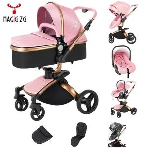 Poussette bebe cosy 3 en 1 Magic ZC - Poussette combinées pliage automatique 360° Rotation grand panierPoussette de luxe  Rose