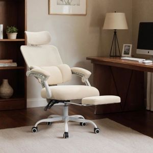 GOOBUY Chaise Bureau Ergonomique Fauteuil avec Appui-t&ecirc;te et Repose-Pieds Support Lombaire R&eacute;glable Capacit&eacute; 150kg Beige