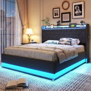Lit double  rembourré LED 140x200 cm avec port de charge USB et casier hydraulique tissu de lin doux pour la peau gris