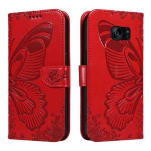 Coque pour Samsung Galaxy S7 EDGE Pochette Protection Etui Housse Premium Cuir PUFermeture Magn&eacute;tique. Rouge violet papillon