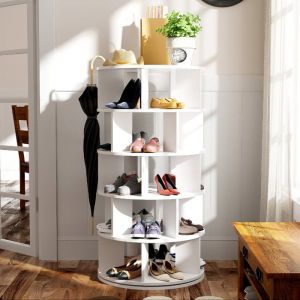 Etag&egrave;re &agrave; Chaussures 5 niveaux pour 25 paires de rangement angle rotatifrond blanc
