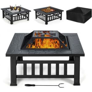 GOPLUS Brasero de Jardin Carré en Fer Brasero en Maille et Couvercle Pare-étincelles avec Tisonnier Long Grand Bac de Rangement