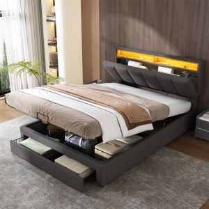 Lit Coffre 140 x 190 avec Sommier Lit 2 Personnes LED pour AdulteCadre de Lit avec Rangement et TiroirsAcierTissu Lin Gris