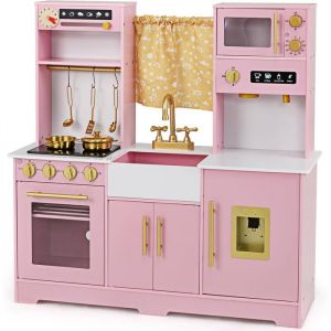 GOPLUS Cuisine Enfant en Bois avec Effets Sons et Lumières Ustensiles et Accessoires Riches pour Enfant 3+ Ans (Rose)