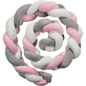 XJYDNCG 2M Tour De Lit B&eacute;b&eacute; Tress&eacute; Serpent Coussin B&eacute;b&eacute; Velours Berceau Pare Pour les Nouveau-n&eacute;s lit (Blanc + gris + Rose)