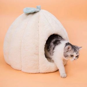 Panier Chien Chat Maison Niche Igloo Cave Nid pour Chien Chat avec Coussin Flanelle Amovible Lit de Couchage (BeigeM:40X45CM)