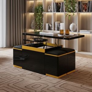 AMBIANCE - Table Basse Relevable Extensible 100cm - Noir Brillant et Jaune - 4 Poufs Inclus - Rangement - Meuble Gain de Place Salon