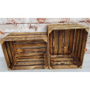 Lot de 2 caisses &agrave; fruits vintage en bois massif et solide pour d&eacute;coration dint&eacute;rieur couleur Effet br&ucirc;l&eacute;
