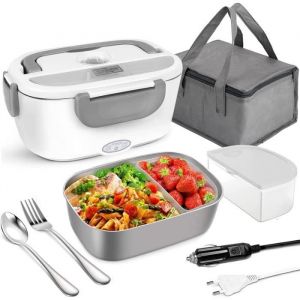 Gamelle Chauffante Électrique 3 en 1 Lunch Box 1.5L Boîte Chauffante 12V 24V 220V 60W avec Sac Isotherme Repas et Couverts en A243
