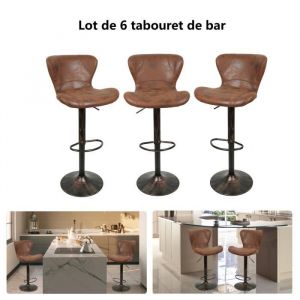 6 x tabouret de bar en similicuir Marron Chaise de Vintage rotatif 360° pour salle à manger Hauteur réglable 54-76cm et dossier