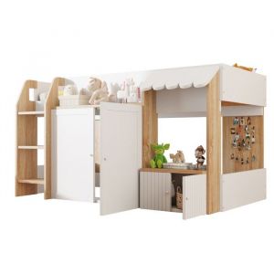 Lit mezzanine mi-hauteur enfant 90x200 cm bois et blanc avec rangement ouvert et &eacute;chelle lit superpos&eacute; en bois massifSans Matelas