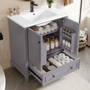 Meuble salle de bain sur pied 76x46x87 cm avec vasque &agrave; encastrer en c&eacute;ramique et tiroir grand rangement solide et durable gris