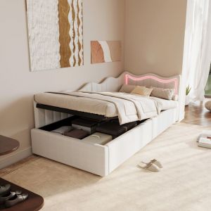 Lit Simple pour Enfants 90x200 cm en Velours Beige avec Rangement T&ecirc;te de Lit Ondul&eacute;e &Eacute;clairage LED 7 Couleurs et Structure